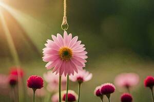 pink flowers hanging from a string in a field. AI-Generated photo