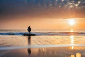 un hombre en pie en un tabla de surf a puesta de sol. generado por ai foto