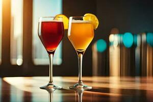 two glasses of wine with lemon slices on the table. AI-Generated photo