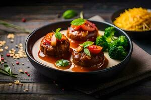 three meatballs in sauce with broccoli and cheese. AI-Generated photo