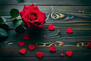 rojo rosas en un de madera mesa con corazones. generado por ai foto