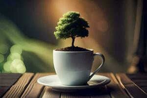 un pequeño árbol es creciente en un taza de café. generado por ai foto