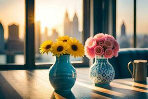 two vases with flowers on a table in front of a cityscape. AI-Generated photo