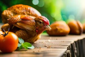 un pollo es sentado en parte superior de un mesa con Tomates. generado por ai foto