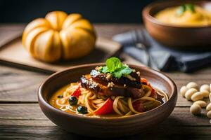 spaghetti with meatballs and vegetables in a bowl. AI-Generated photo