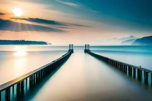 a long exposure photo of a pier in the ocean. AI-Generated