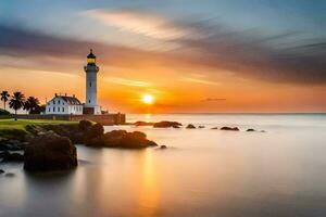 a lighthouse stands on the shore of a body of water at sunset. AI-Generated photo