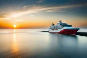 un rojo y blanco crucero Embarcacion en el Oceano a puesta de sol. generado por ai foto
