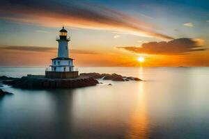 a lighthouse is shown at sunset with a long exposure. AI-Generated photo