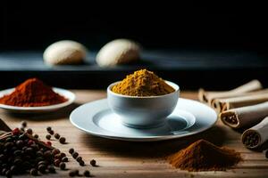 spices and spices on a wooden table. AI-Generated photo