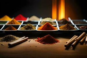 a variety of spices and spices are arranged in bowls. AI-Generated photo