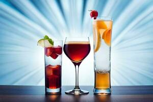 three different types of alcoholic drinks on a table. AI-Generated photo