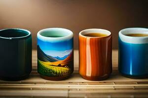 four different colored cups with different designs. AI-Generated photo
