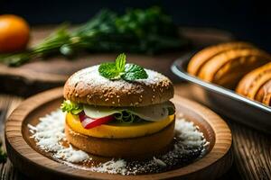 a hamburger with cheese, lettuce and tomato on a wooden plate. AI-Generated photo