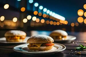 three hamburgers on a plate with lights in the background. AI-Generated photo