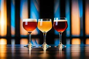 Tres diferente tipos de cerveza son mostrado en un fila. generado por ai foto