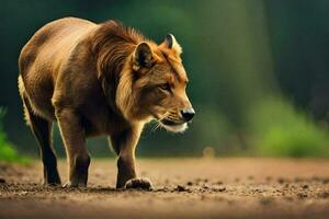 un león caminando en un suciedad la carretera. generado por ai foto