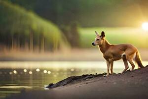 a dog standing on the shore of a lake at sunset. AI-Generated photo