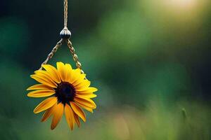 a yellow flower hanging from a string. AI-Generated photo