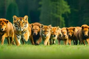 a group of tigers running through the grass. AI-Generated photo