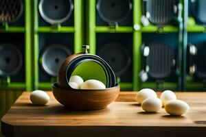 eggs in a bowl on a table with green cabinets. AI-Generated photo
