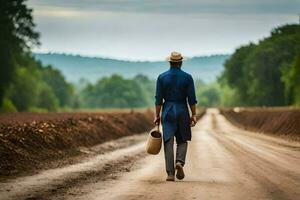 a man in a hat and blue dress walking down a dirt road. AI-Generated photo