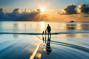 a man and child stand on the beach at sunset. AI-Generated photo