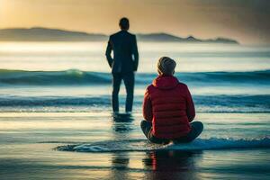 a man and woman sitting on the beach at sunset. AI-Generated photo