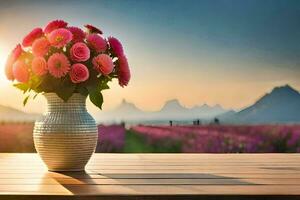 a vase of pink flowers on a table in front of a sunset. AI-Generated photo