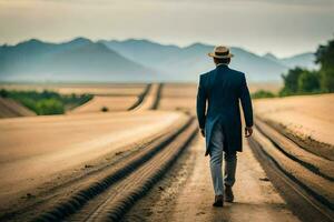 a man in a suit and hat walks down a dirt road. AI-Generated photo