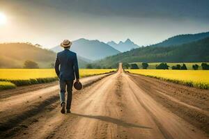 un hombre en un traje y sombrero caminando abajo un suciedad la carretera. generado por ai foto