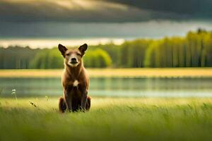 a dog sitting in the grass near a lake. AI-Generated photo