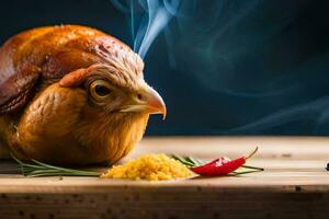 un pollo es sentado en un de madera mesa con un fumar viniendo fuera de sus boca. generado por ai foto