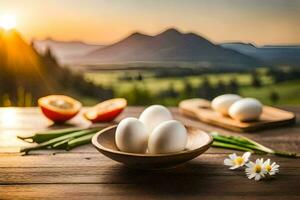 eggs in a bowl on a table with a mountain view. AI-Generated photo