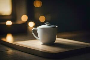 a white cup sitting on a wooden tray. AI-Generated photo