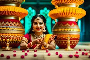 a beautiful woman in traditional indian attire sits on the floor with a bunch of colorful flowers. AI-Generated photo