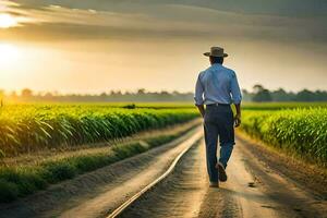 a man in a hat walks down a dirt road in front of a corn field. AI-Generated photo