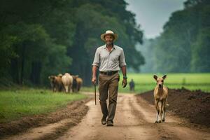 a man walking a dog on a dirt road. AI-Generated photo