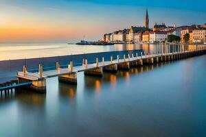 a pier in the water at sunset with a city in the background. AI-Generated photo