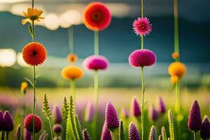 vistoso flores en un campo con un puesta de sol en el antecedentes. generado por ai foto