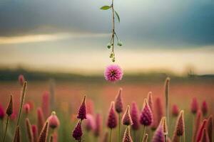 a pink flower hanging from a vine in a field. AI-Generated photo