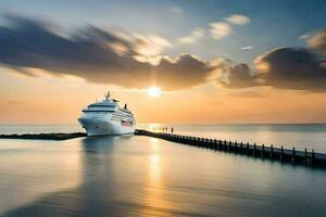 un crucero Embarcacion atracado a el muelle a puesta de sol. generado por ai foto