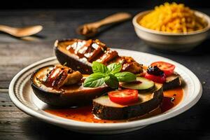 a plate of grilled eggplant with tomatoes and basil. AI-Generated photo