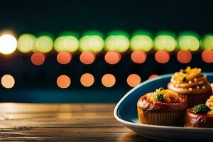 a plate with cupcakes on a table in front of a blurry background. AI-Generated photo