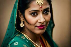 un hermosa indio mujer vistiendo un verde sari. generado por ai foto