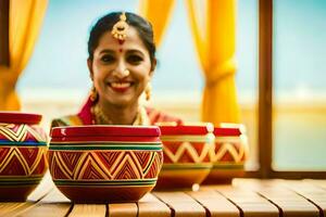 un mujer en tradicional indio atuendo se sienta en frente de vistoso ollas. generado por ai foto