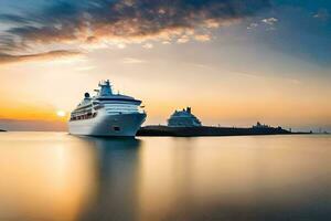 un crucero Embarcacion en el Oceano a puesta de sol. generado por ai foto