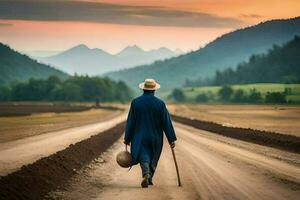 un hombre caminando abajo un suciedad la carretera con un caña. generado por ai foto