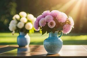 two vases with pink flowers on a table. AI-Generated photo