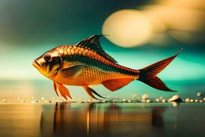 a fish is standing on the water with a blurry background. AI-Generated photo